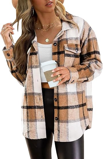 Womens Fall Outfits Fashion Clothes Shackets Flannel Plaid Button Down Long Sleeve Shirts Jackets