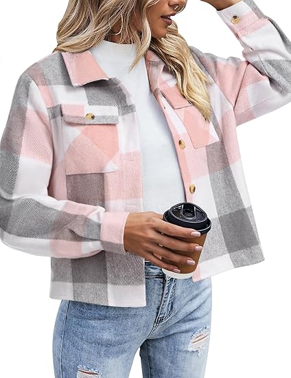 Flannels for Women Cropped Shacket Jacket Fashion Plaid Button Down Shirt 2025 Fall Coat Tops